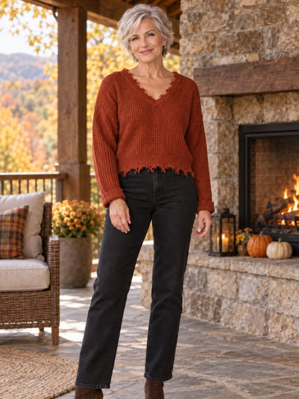 Moon & Madison Rust Distressed Cropped V-Neck Sweater XS